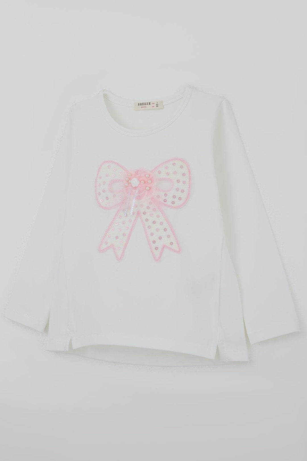 BRE Breeze Girl Child Long Sleeve T-Shirt with Bow Arm Pearl Detailed Tulle 3-8 Years, Ecru - Moncada