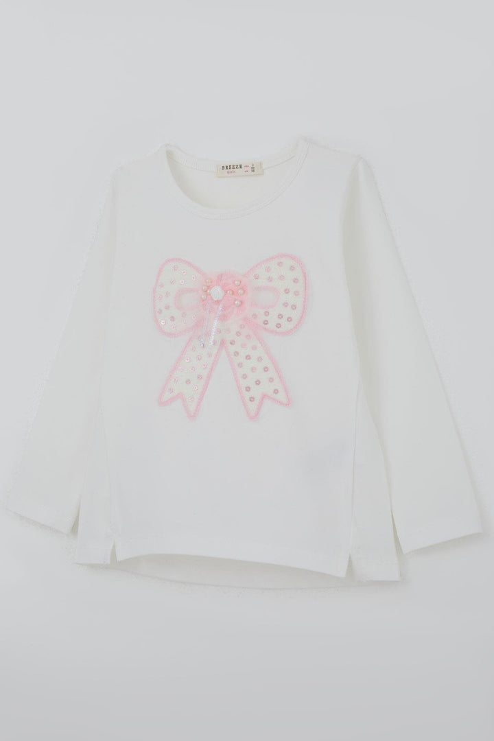 BRE Breeze Girl Child Long Sleeve T-Shirt with Bow Arm Pearl Detailed Tulle 3-8 Years, Ecru - Moncada