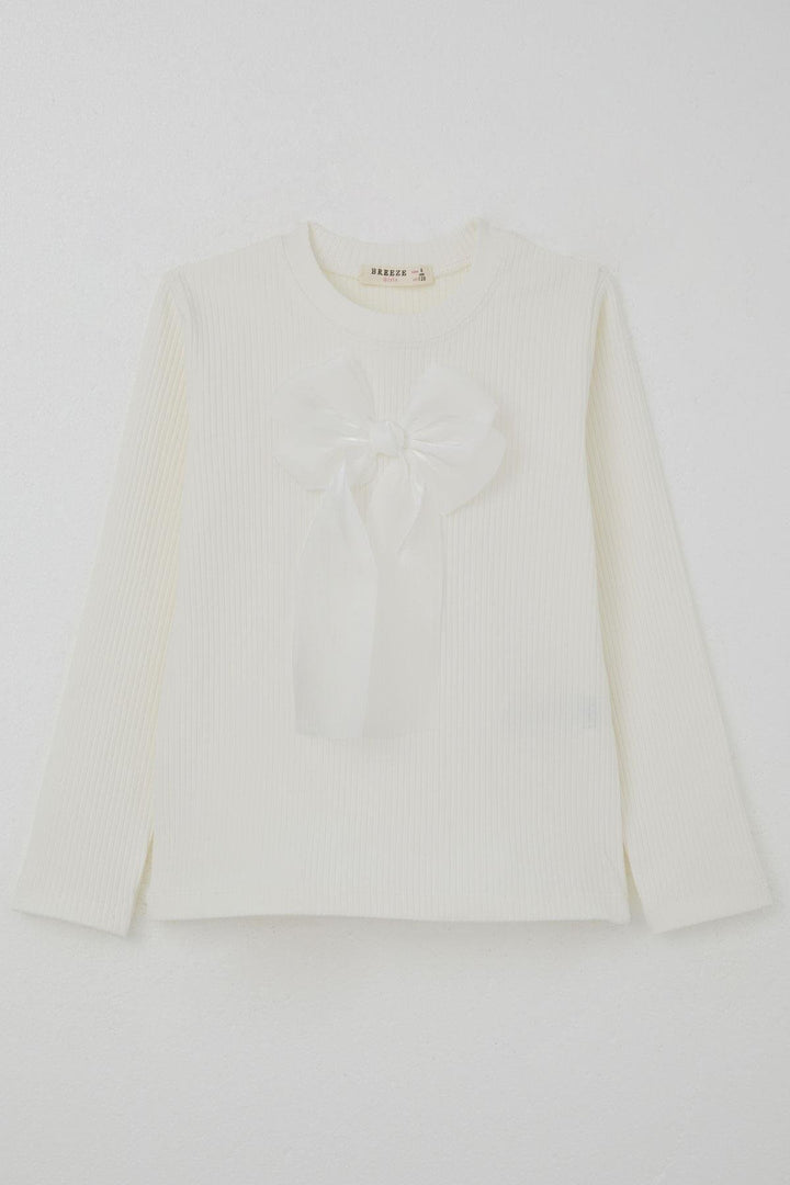 BRE Breeze Girl Child Long Sleeve T-Shirt with Bow Accessory 82 Years, Ecru - Cutler Bay