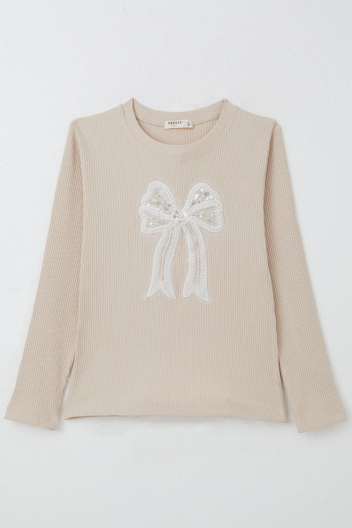 BRE Breeze Girl Child Long Sleeve T-Shirt Bow Tulle Embroidered Beaded 94 Years, Beige - Doral