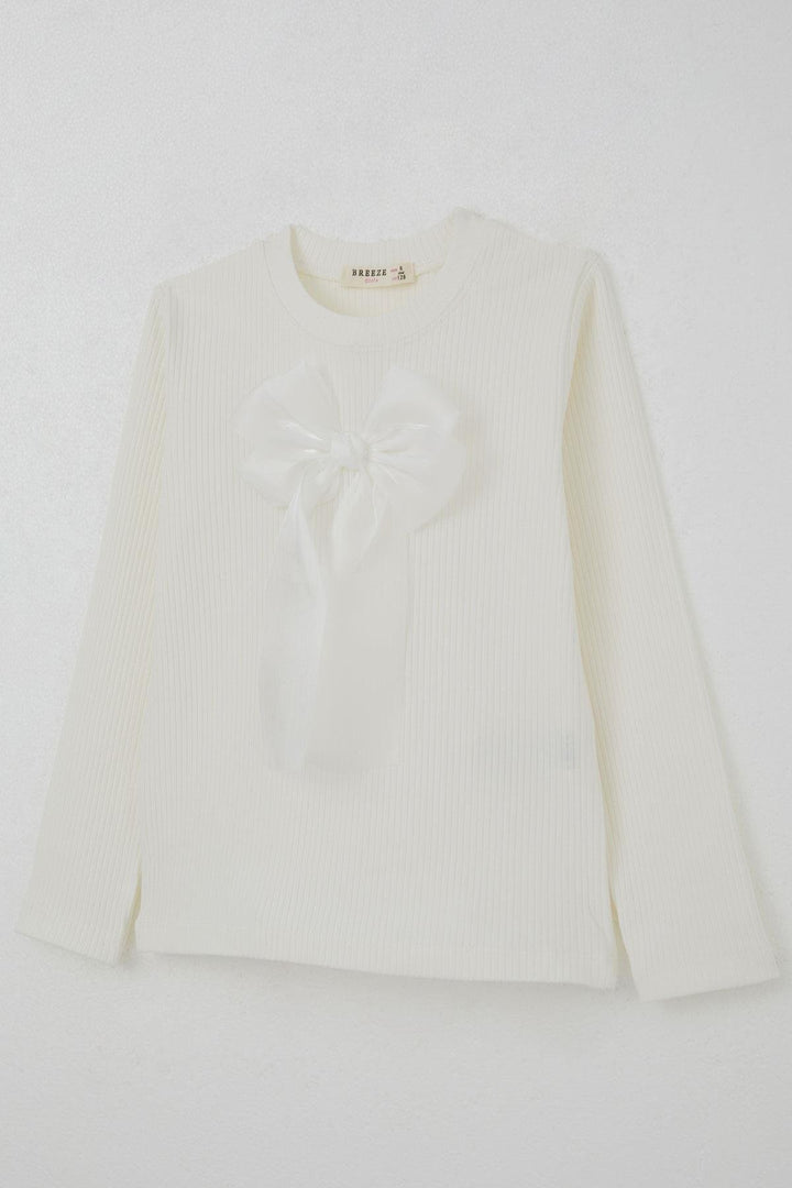 BRE Breeze Girl Child Long Sleeve T-Shirt with Bow Accessory 82 Years, Ecru - Cutler Bay