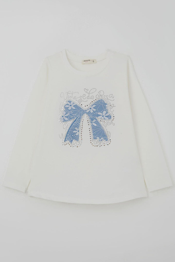 BRE Breeze Girl Child Long Sleeve T-Shirt with Bow Print Stone Accessory Detailed 82 Years, White - Pirna