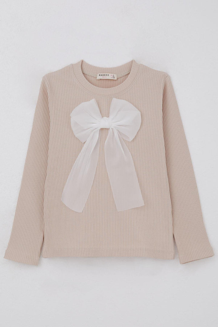 BRE Breeze Girl Child Long Sleeve T-Shirt with Bow Accessory, 82 Years, Beige - Winter Haven