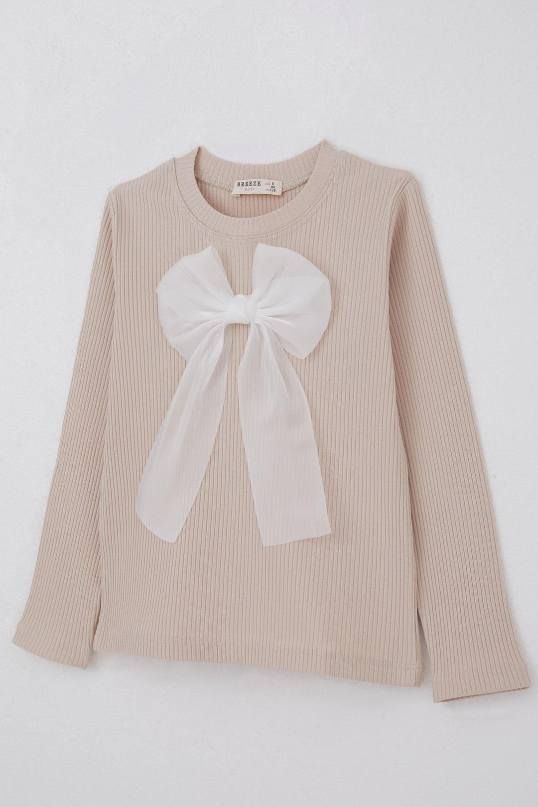 BRE Breeze Girl Child Long Sleeve T-Shirt with Bow Accessory, 82 Years, Beige - Winter Haven
