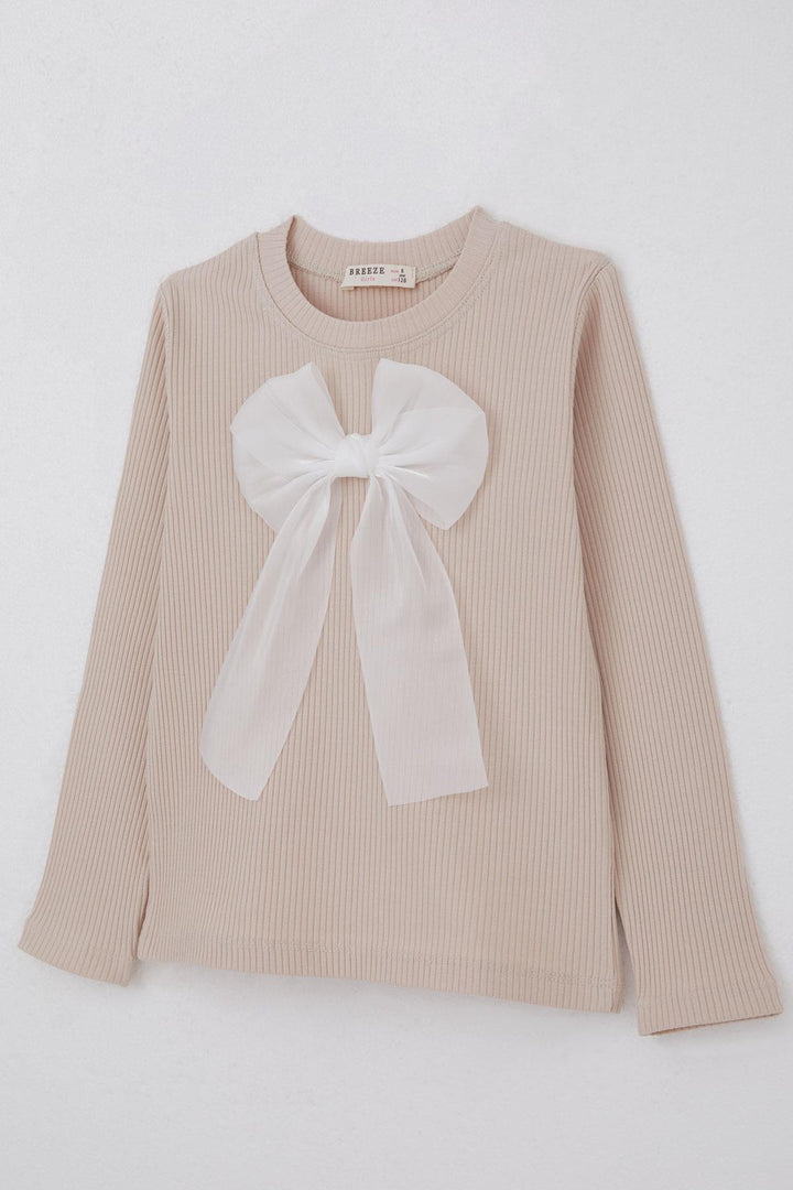 BRE Breeze Girl Child Long Sleeve T-Shirt with Bow Accessory, 82 Years, Beige - Winter Haven