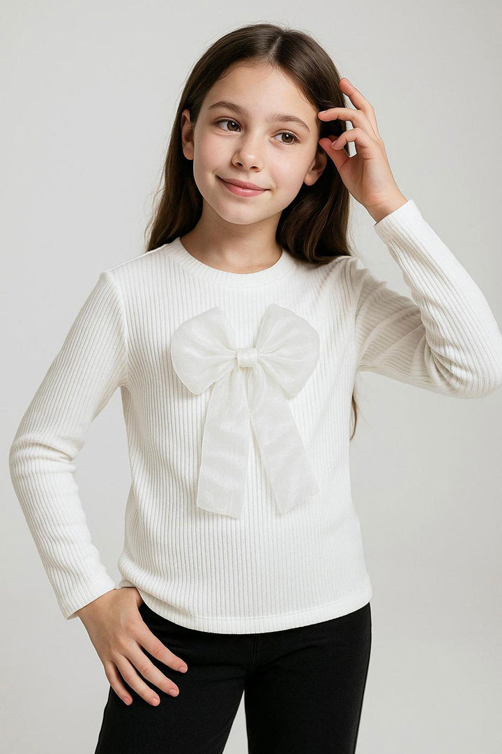 BRE Breeze Girl Child Long Sleeve T-Shirt with Bow Accessory 82 Years, Ecru - Cutler Bay