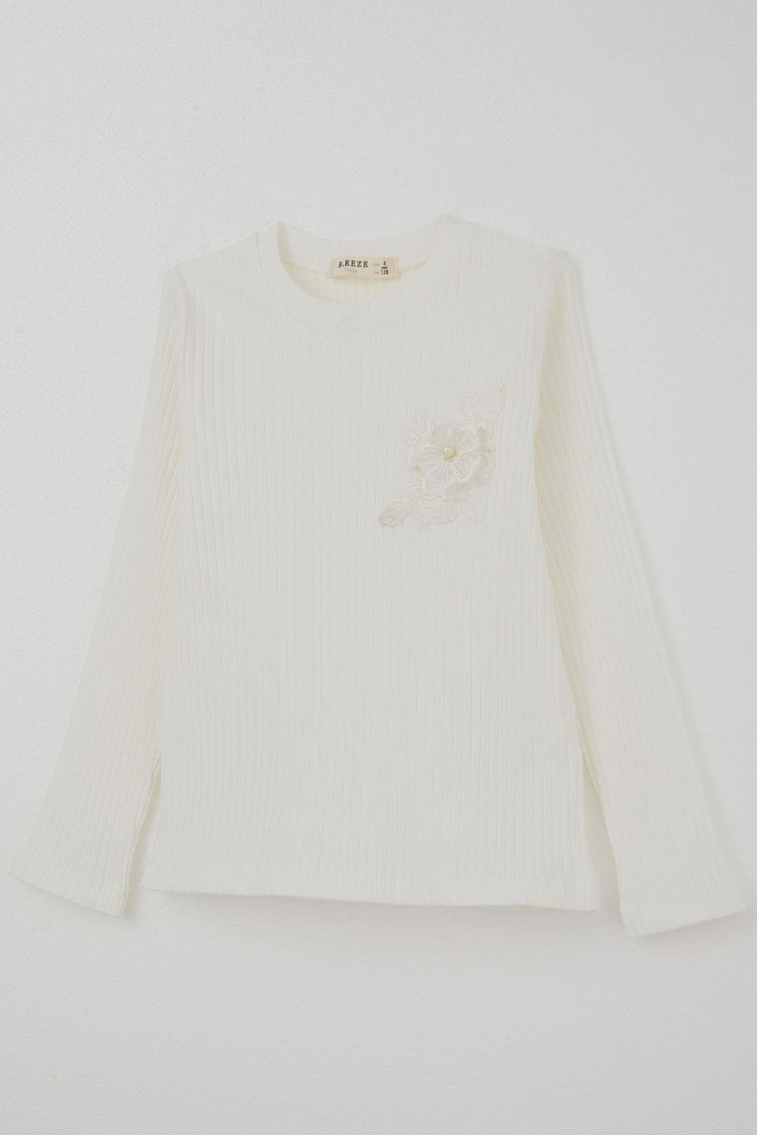 BRE Breeze Girl Child Long Sleeve T-Shirt with Lace Embroidered Pearl, 82 Years, Ecru - Moncton