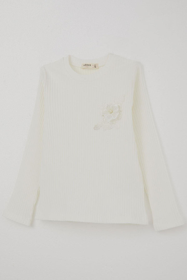 BRE Breeze Girl Child Long Sleeve T-Shirt with Lace Embroidered Pearl, 82 Years, Ecru - Moncton