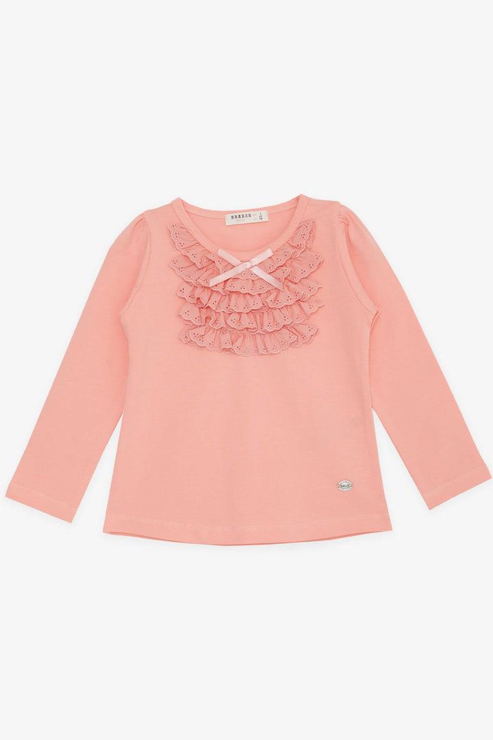 BRE Breeze Girl Child Long Sleeve T-Shirt with Lace Bow 3-8 Years, Salmon - Geneva
