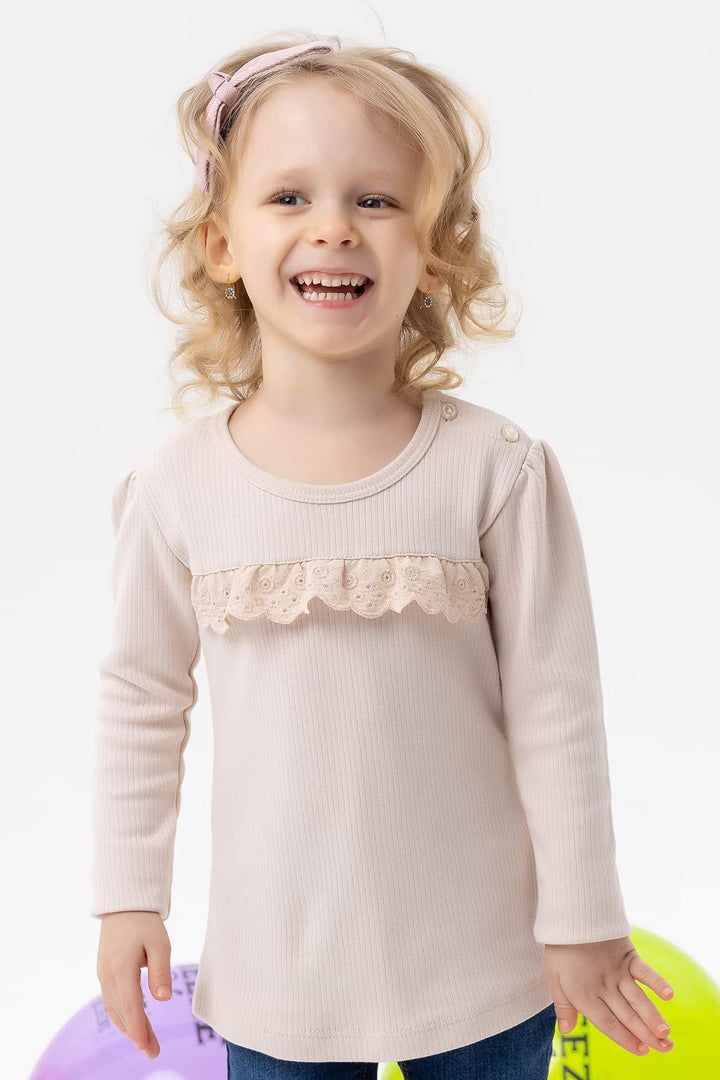 BRE Breeze Girl Child Long Sleeve T-Shirt with Lace, 1-4 Years, Beige - Indian Trail