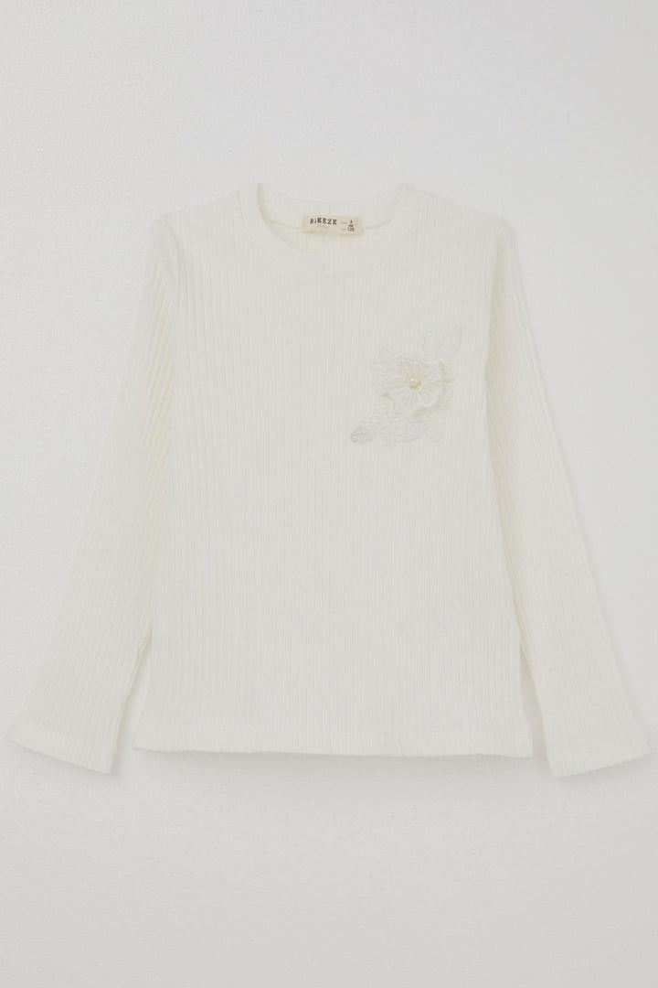 BRE Breeze Girl Child Long Sleeve T-Shirt with Lace Embroidered Pearl, 82 Years, Ecru - Moncton