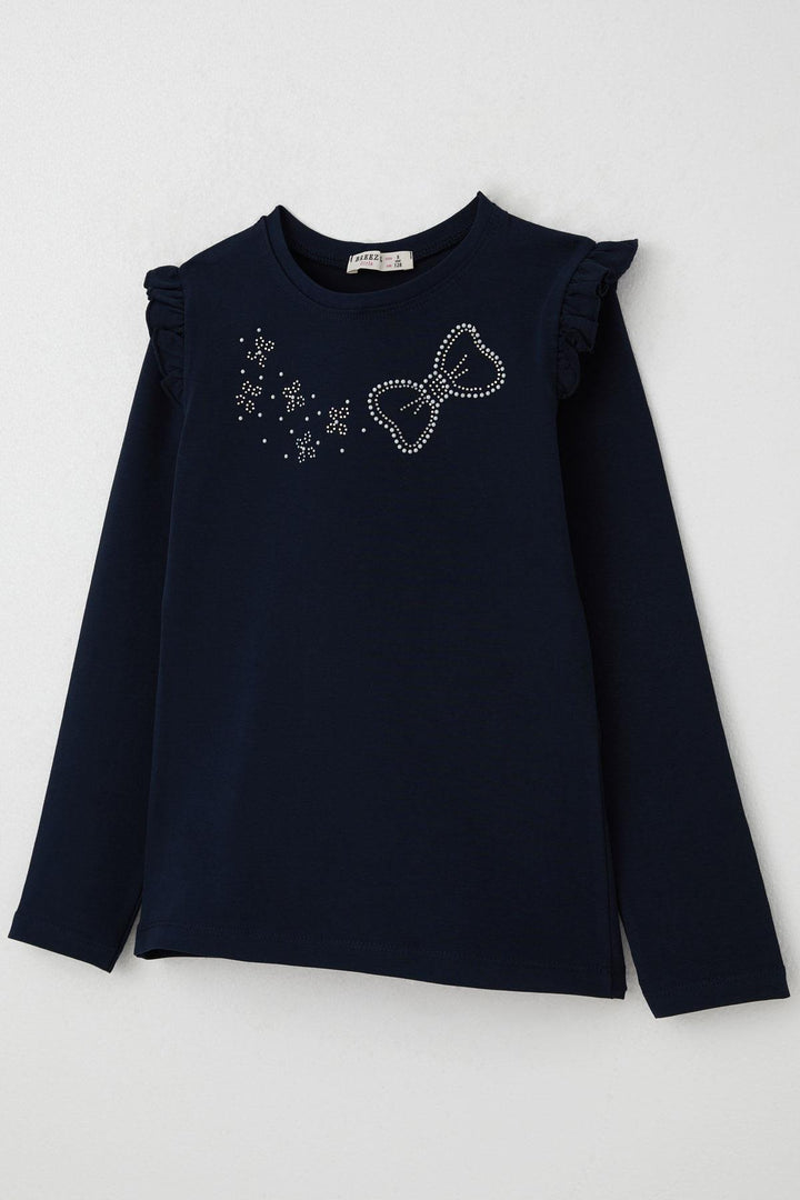 BRE Breeze Girl Child Long Sleeve T-Shirt with Sparkling Stone Embroidery Detail 40 Years, Navy Blue - Sale