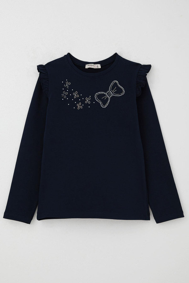 BRE Breeze Girl Child Long Sleeve T-Shirt with Sparkling Stone Embroidery Detail 40 Years, Navy Blue - Sale