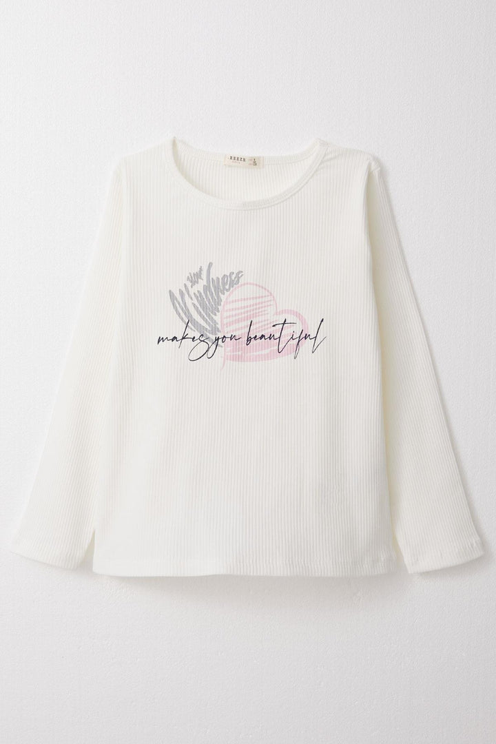 BRE Breeze Girl Child Long Sleeve T-Shirt with Heart Printed Text, 4-8 Years, Ecru - Hrodna