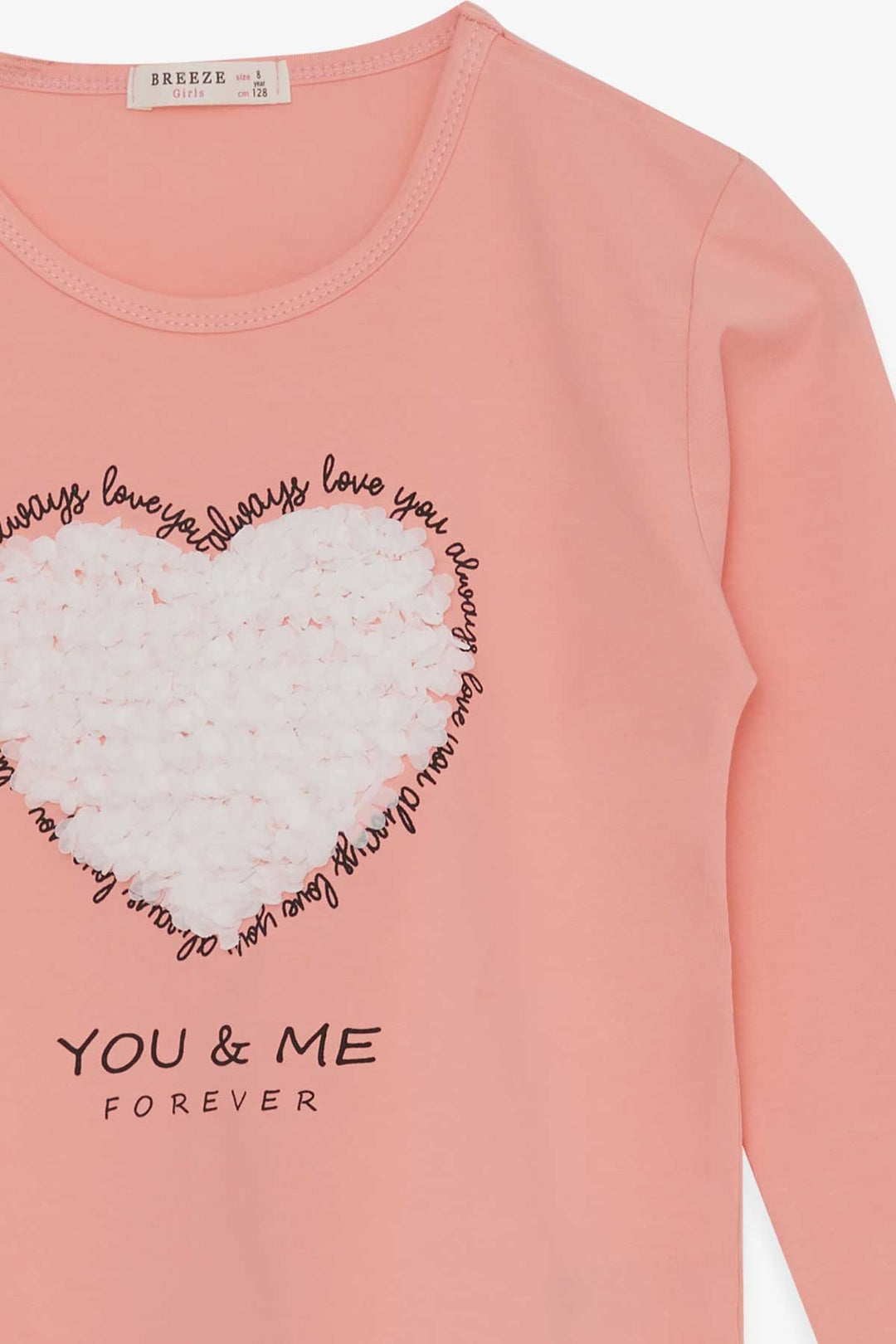 BRE Breeze Girl Child Long Sleeve T-Shirt with Heart Embroidery 82 Years, Salmon - Puerto Vallarta