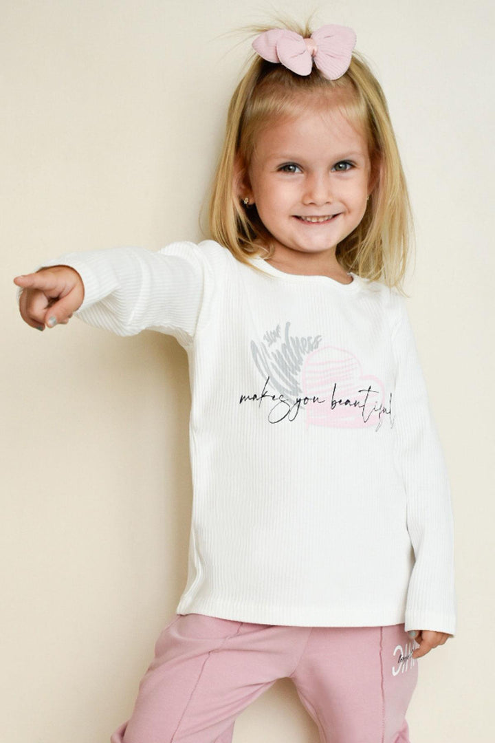 BRE Breeze Girl Child Long Sleeve T-Shirt with Heart Printed Text, 4-8 Years, Ecru - Hrodna