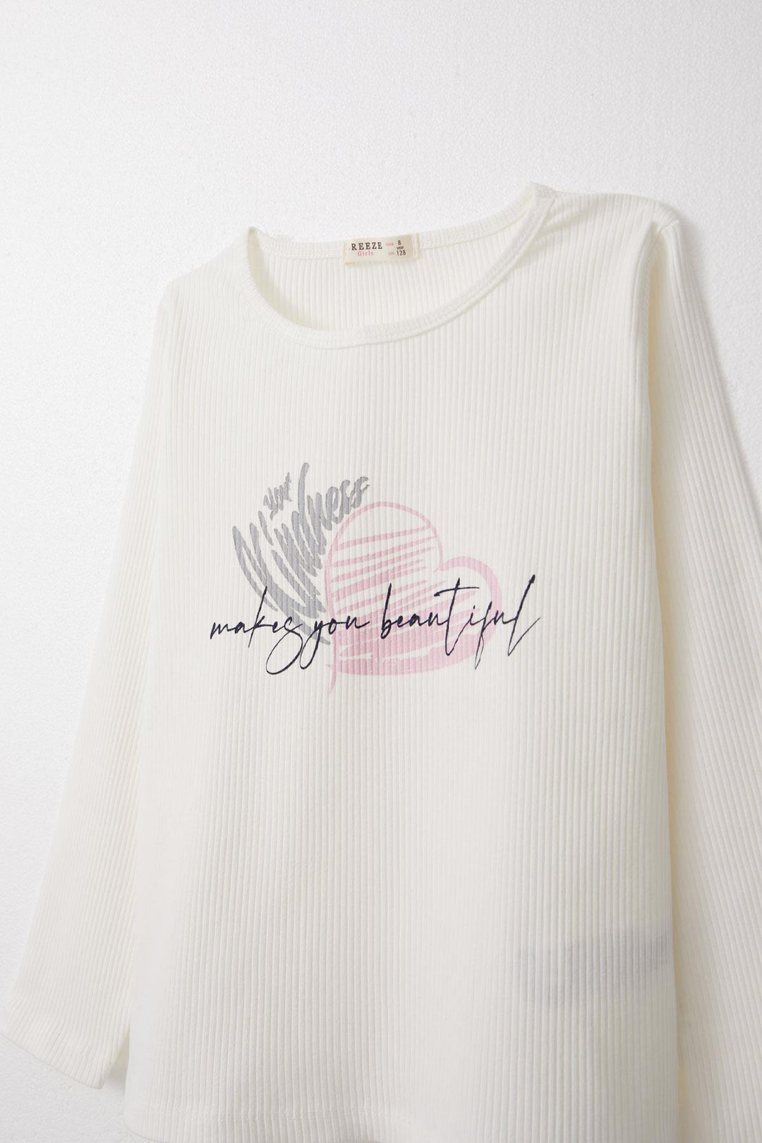 BRE Breeze Girl Child Long Sleeve T-Shirt with Heart Printed Text, 4-8 Years, Ecru - Hrodna