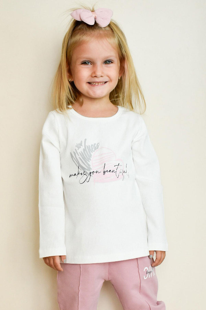 BRE Breeze Girl Child Long Sleeve T-Shirt with Heart Printed Text, 4-8 Years, Ecru - Hrodna