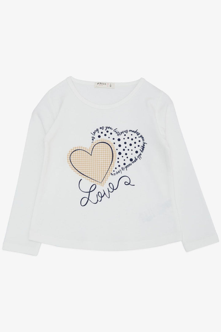 BRE Breeze Girl Child Long Sleeve T-Shirt Houndstooth Polka Dot Heart Printed Written 3-8 Years, Ecru - Lower Merion