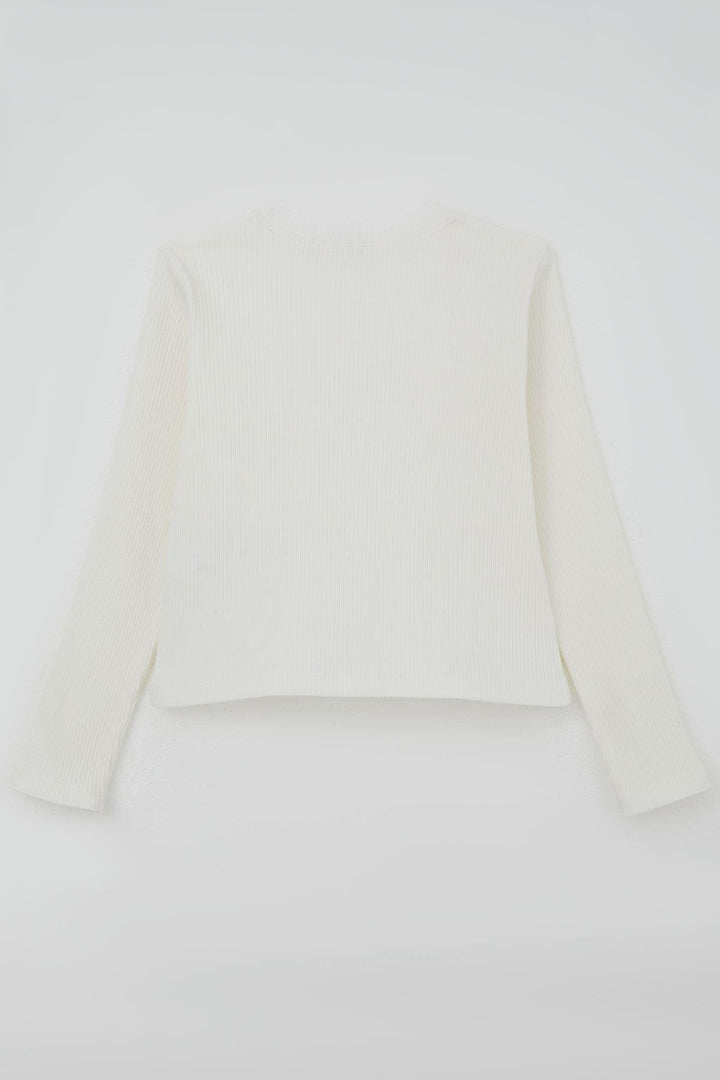 BRE Breeze Girl Child Long Sleeve T-Shirt with Butterfly Emblem Sequined Pearl Detail, 84 Years, Ecru - Meadow Woods