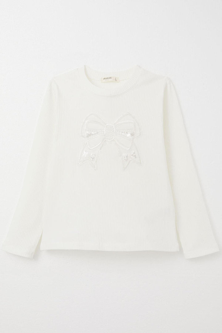 BRE Breeze Girl Child Long Sleeve T-Shirt with Butterfly Emblem and Pearls, 84 Years, Ecru - Singen