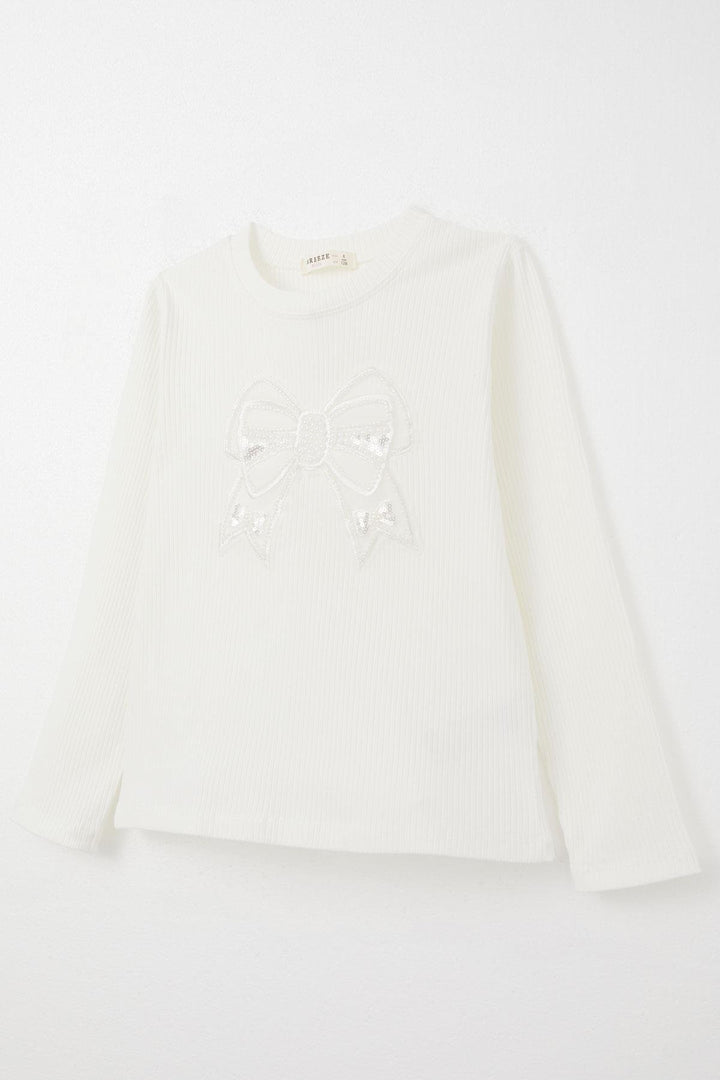 BRE Breeze Girl Child Long Sleeve T-Shirt with Butterfly Emblem and Pearls, 84 Years, Ecru - Singen