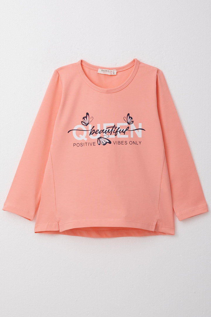 BRE Breeze Girl Child Long Sleeve T-Shirt with Butterfly Printed Writing 3-8 Years, Salmon - Cannes