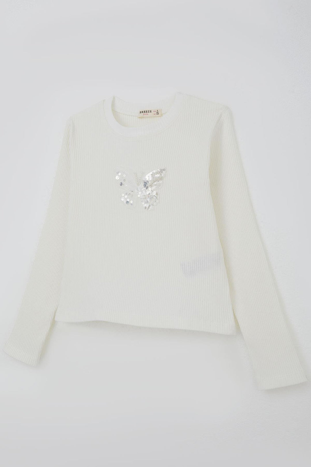 BRE Breeze Girl Child Long Sleeve T-Shirt with Butterfly Emblem Sequined Pearl Detail, 84 Years, Ecru - Meadow Woods