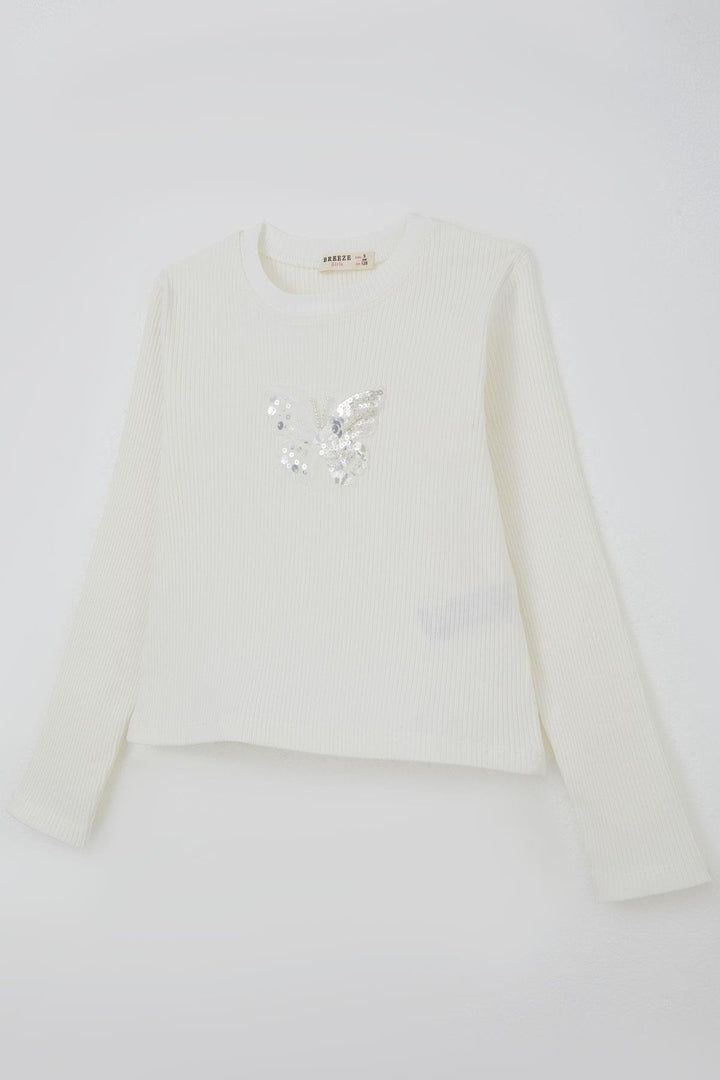 BRE Breeze Girl Child Long Sleeve T-Shirt with Butterfly Emblem Sequined Pearl Detail, 84 Years, Ecru - Meadow Woods