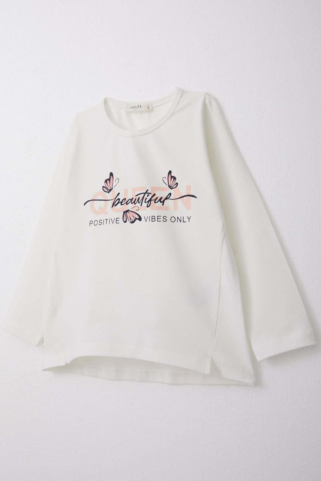BRE Breeze Girl Child Long Sleeve T-Shirt with Butterfly Printed Writing, 3-8 Years, Ecru - Clermont