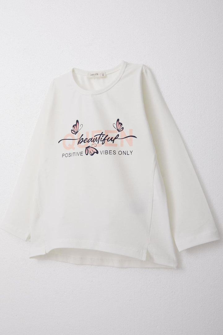 BRE Breeze Girl Child Long Sleeve T-Shirt with Butterfly Printed Writing, 3-8 Years, Ecru - Clermont