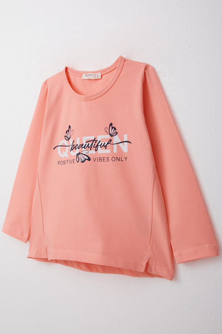 BRE Breeze Girl Child Long Sleeve T-Shirt with Butterfly Printed Writing 3-8 Years, Salmon - Cannes