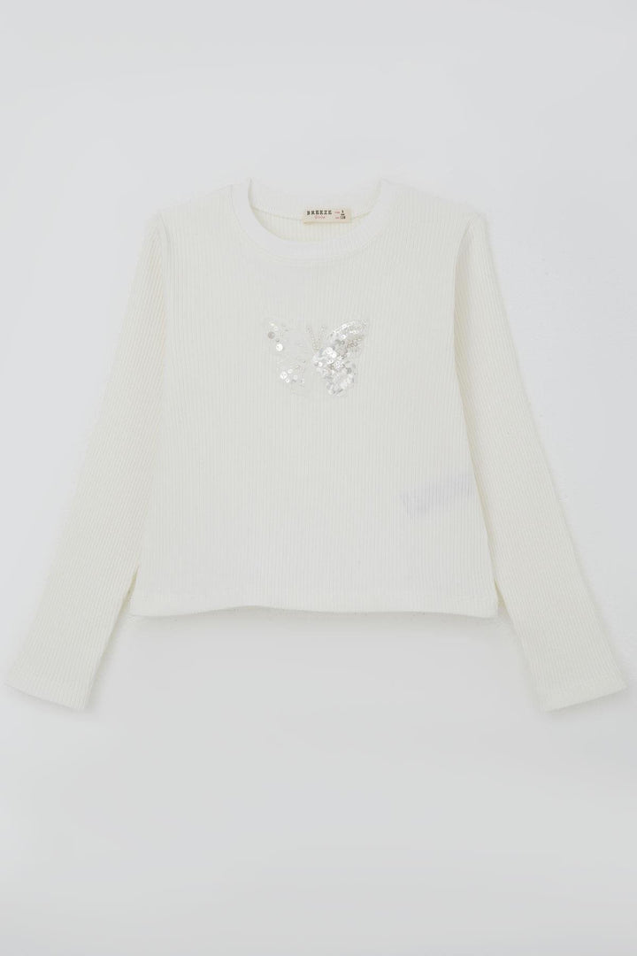 BRE Breeze Girl Child Long Sleeve T-Shirt with Butterfly Emblem Sequined Pearl Detail, 84 Years, Ecru - Meadow Woods
