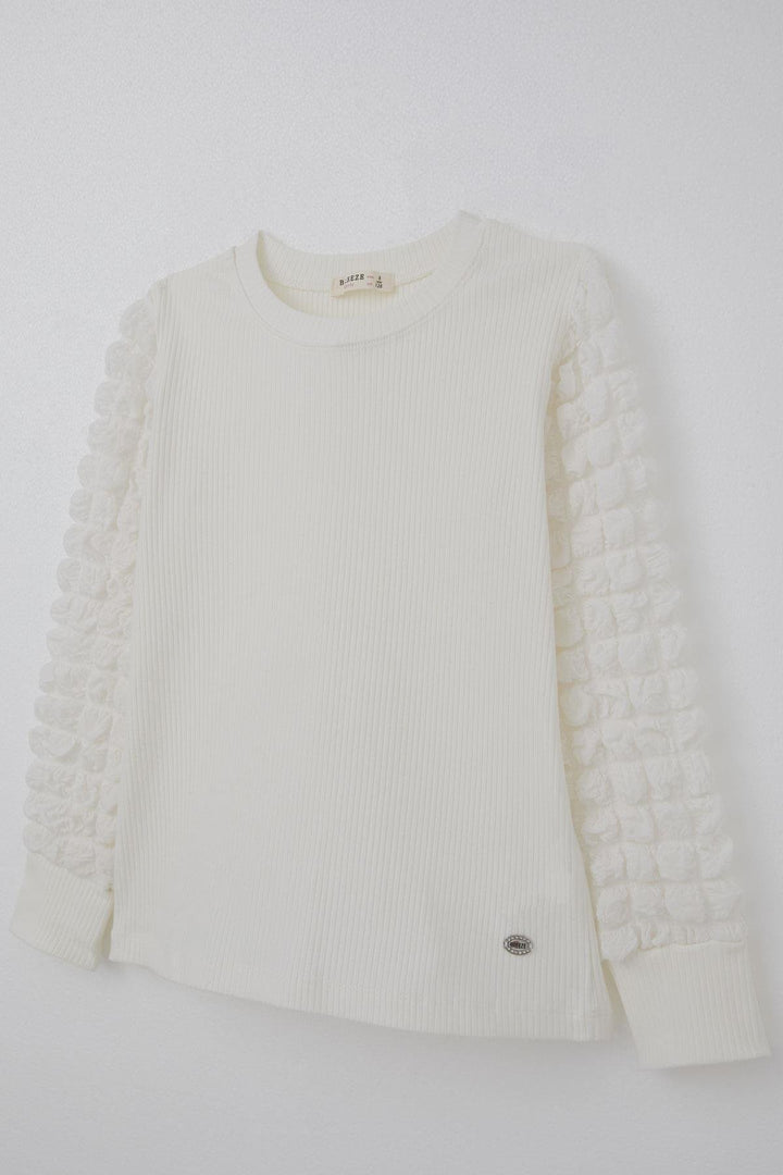 BRE Breeze Girl Child Long Sleeve T-Shirt with Ruffled Fabric Detail, 84 Years, Ecru - Belleville
