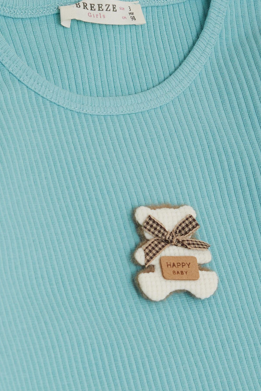 BRE Breeze Girl Child Long Sleeve T-Shirt with Happy Bear Accessories Ruffled Shoulder 2-6 Years, Aqua Green - Brownsville