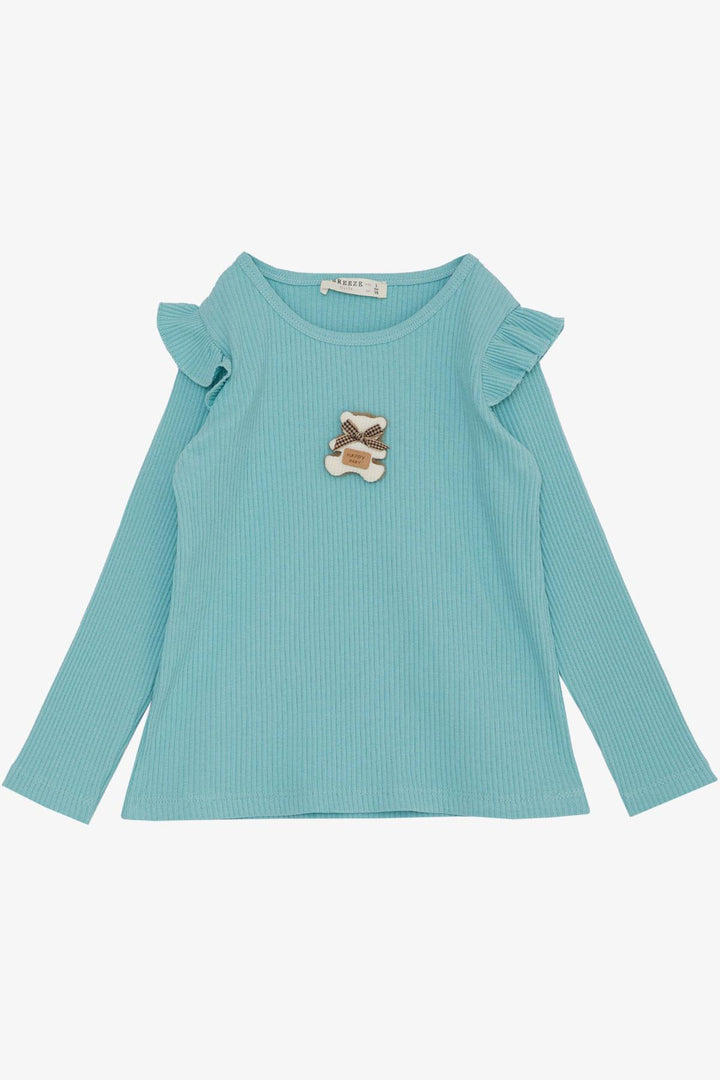 BRE Breeze Girl Child Long Sleeve T-Shirt with Happy Bear Accessories Ruffled Shoulder 2-6 Years, Aqua Green - Brownsville