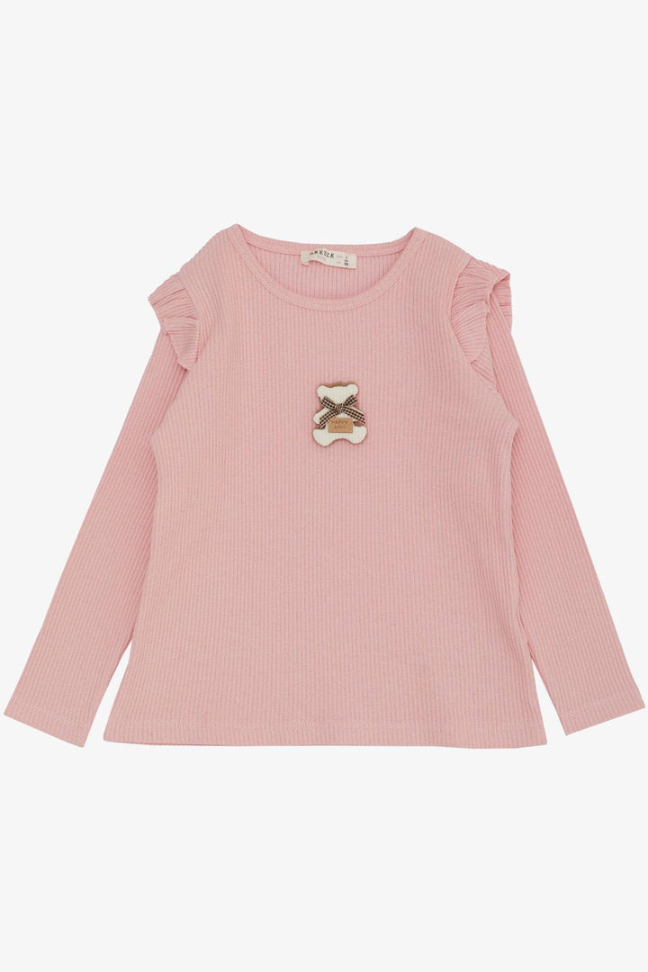 BRE Breeze Girl Child Long Sleeve T-Shirt with Happy Bear Accessory Ruffled Shoulder 2-6 Years, Salmon - Bozeman