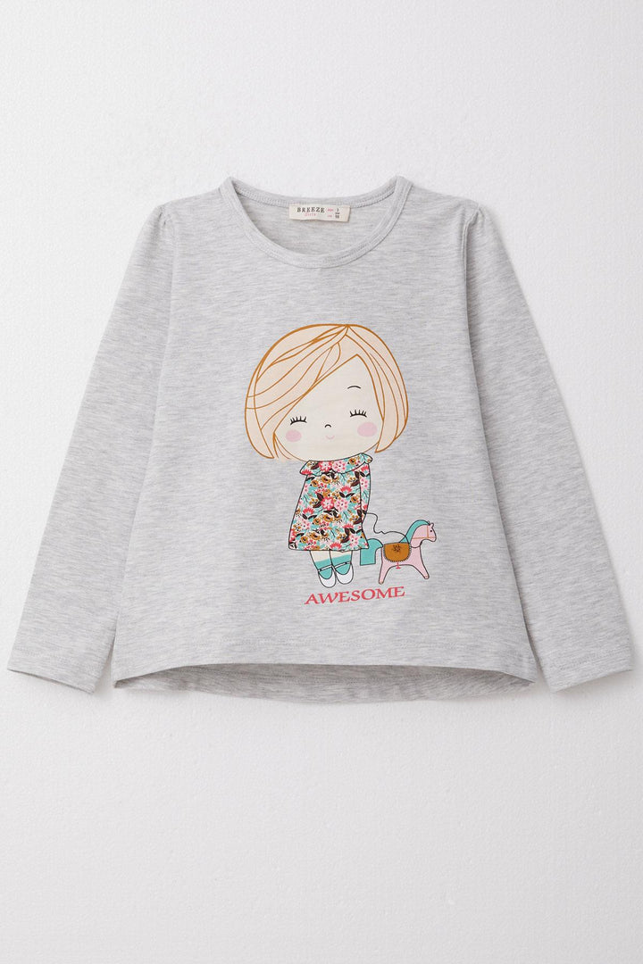 BRE Breeze Girl Child Long Sleeve T-Shirt Cheerful Girl Printed 2-6 Years, Light Grey Melange - Dartford