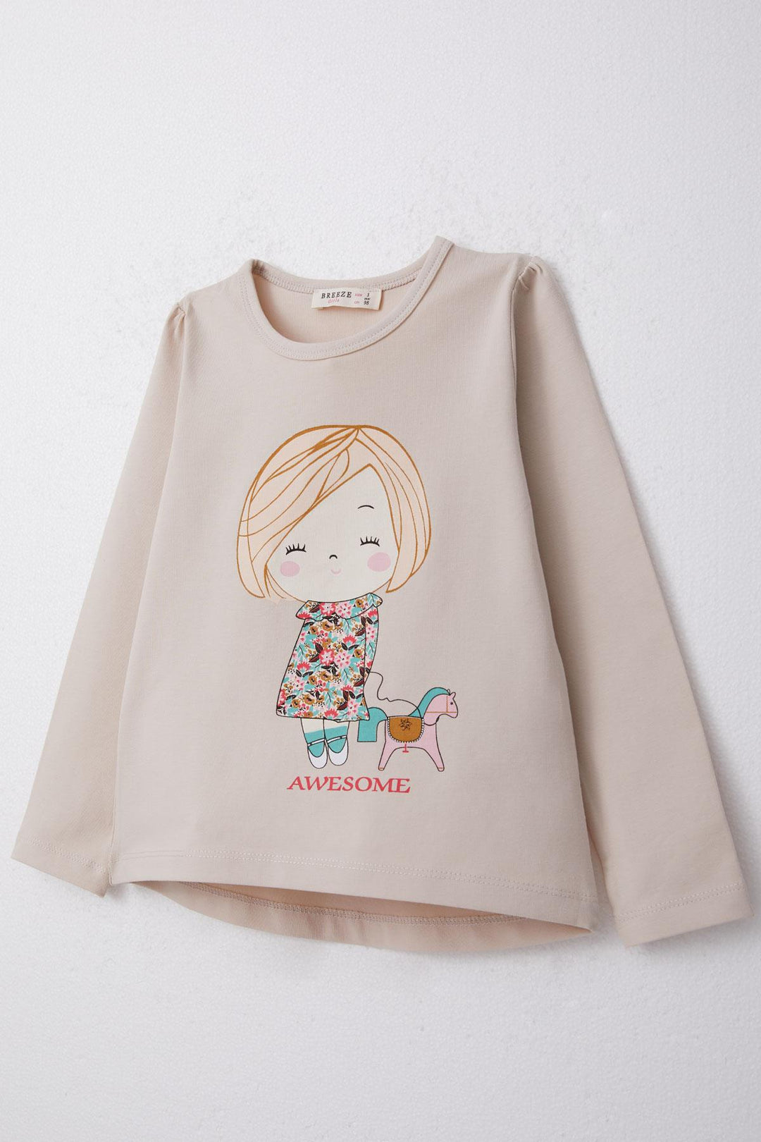 BRE Breeze Girl Child Long Sleeve T-Shirt Cheerful Girl Printed 2-6 Years, Beige - Tepeapulco