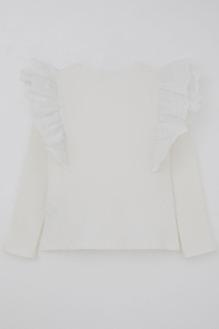 BRE Breeze Girl Child Long Sleeve T-Shirt with Lace Detailed Shoulder Flower Embroidery, 82 Years, Ecru - El Paso