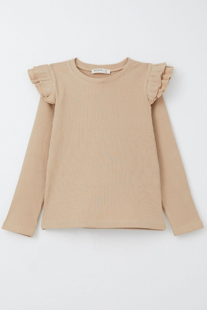 BRE Breeze Girl Child Long Sleeve T-Shirt with Frilly Shoulders 50 Years, Dark Beige - Winter Garden