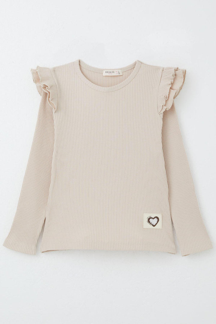 BRE Breeze Girl Child Long Sleeve T-Shirt with Ruffle Detail on Shoulders Heart Patterned, Beige, 50 Years - Hawthorne