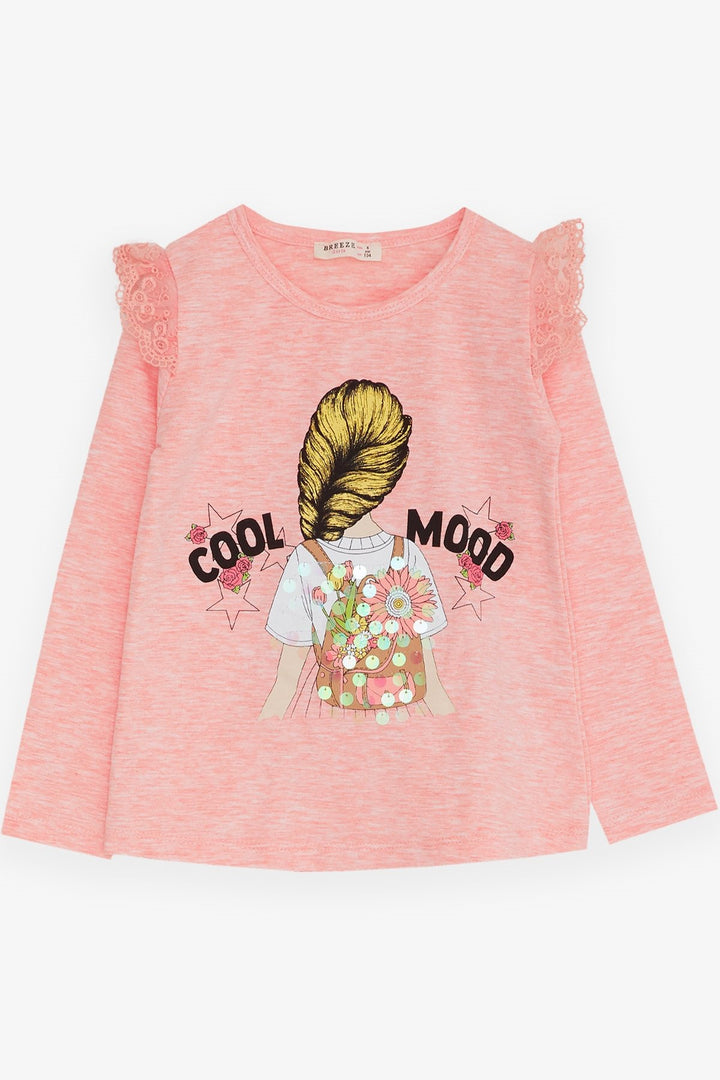 BRE Breeze Girl Child Long Sleeve T-Shirt with Lace Shoulder 4-9 Years, Salmon Melange - Titusville