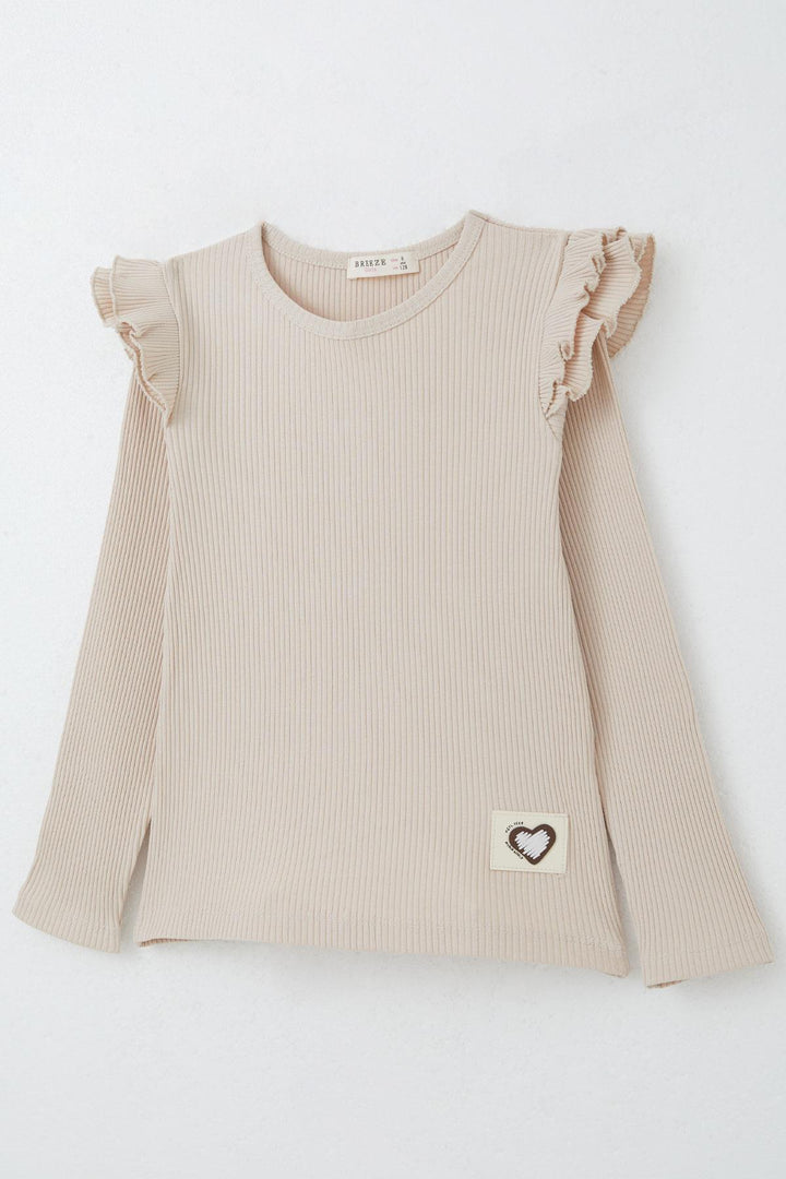 BRE Breeze Girl Child Long Sleeve T-Shirt with Ruffle Detail on Shoulders Heart Patterned, Beige, 50 Years - Hawthorne