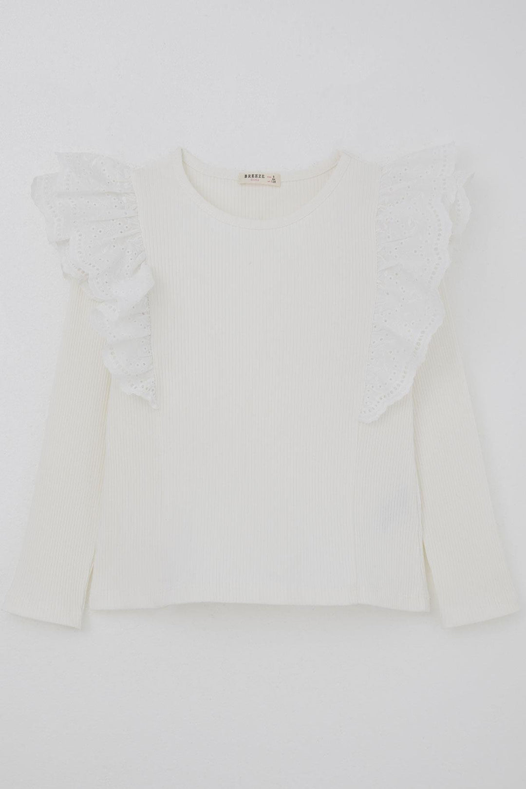 BRE Breeze Girl Child Long Sleeve T-Shirt with Lace Detailed Shoulder Flower Embroidery, 82 Years, Ecru - El Paso