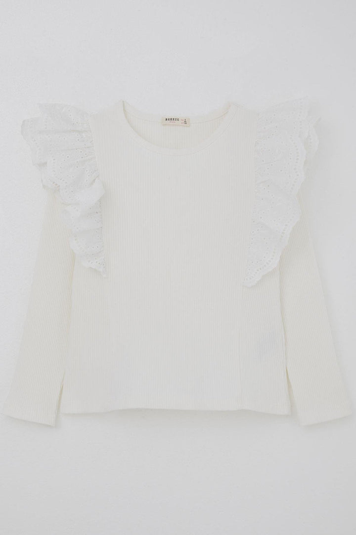 BRE Breeze Girl Child Long Sleeve T-Shirt with Lace Detailed Shoulder Flower Embroidery, 82 Years, Ecru - El Paso