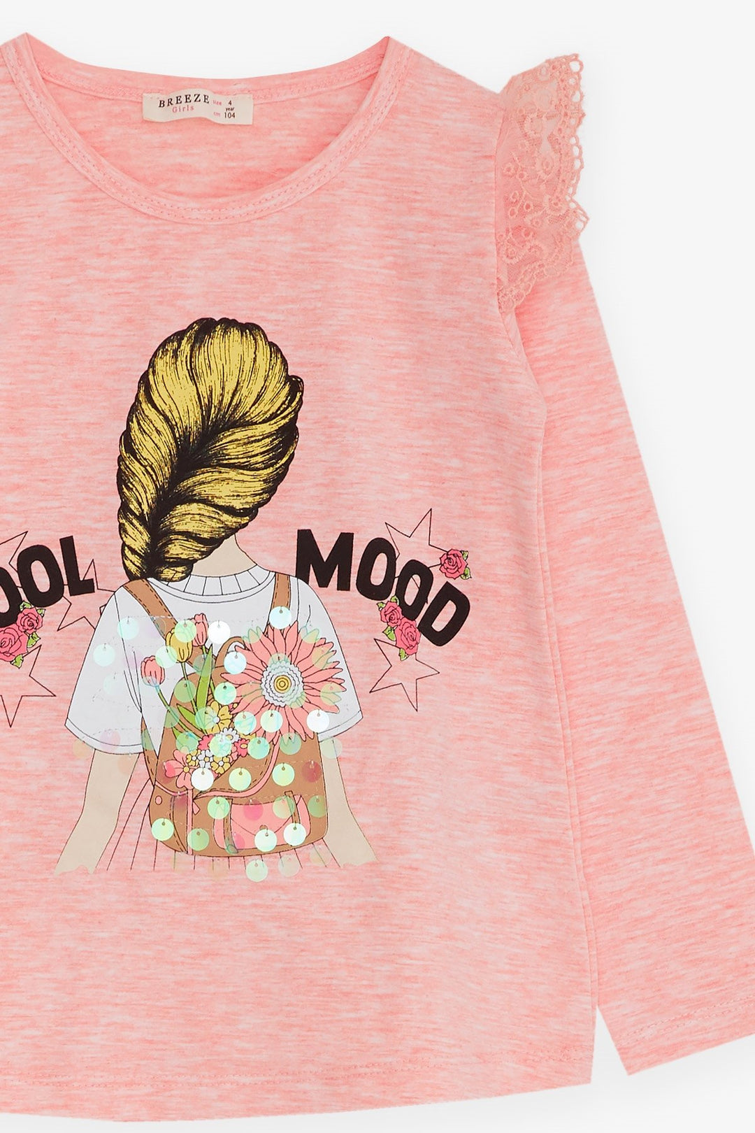 BRE Breeze Girl Child Long Sleeve T-Shirt with Lace Shoulder 4-9 Years, Salmon Melange - Titusville