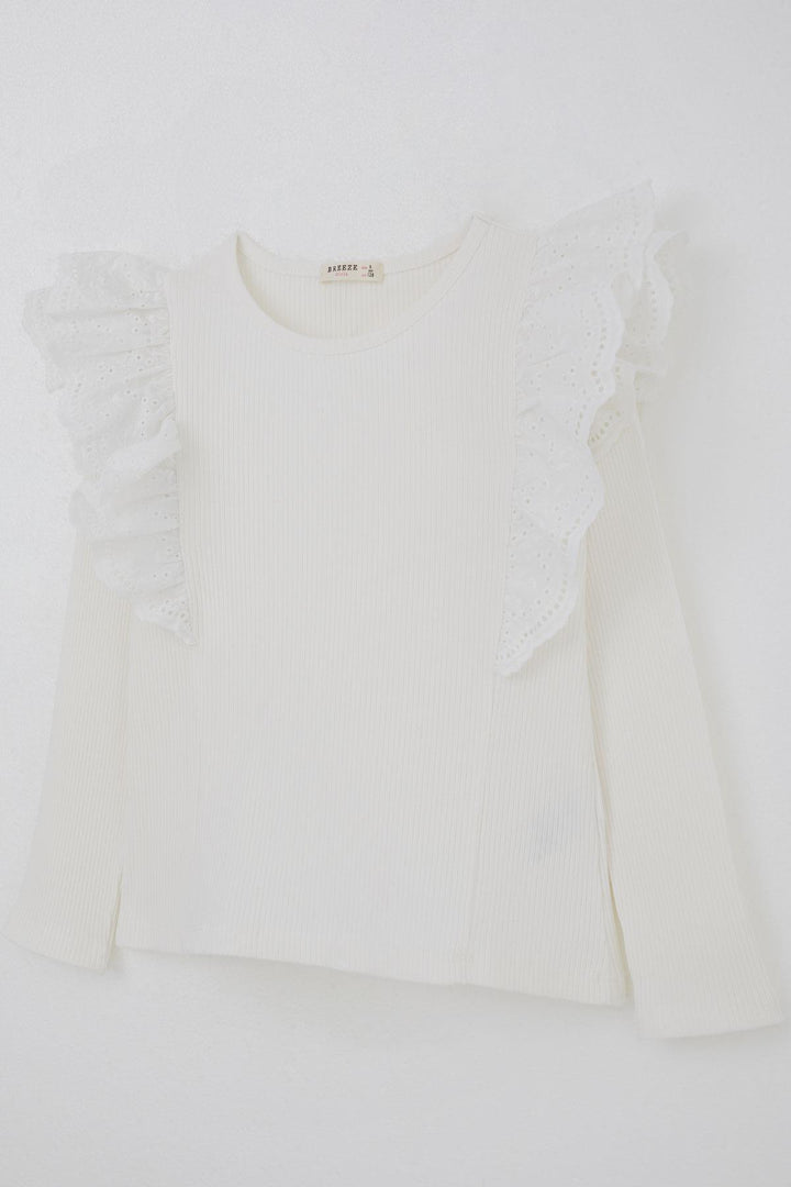 BRE Breeze Girl Child Long Sleeve T-Shirt with Lace Detailed Shoulder Flower Embroidery, 82 Years, Ecru - Villefranche-sur-Saône