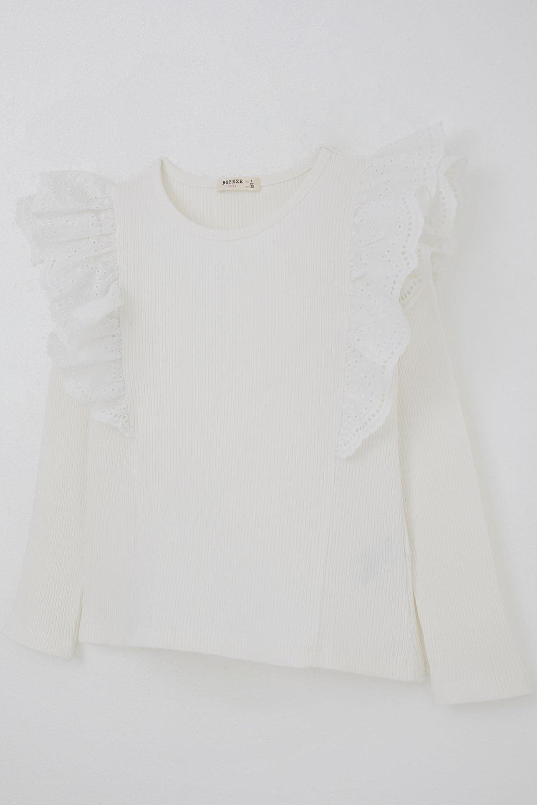 BRE Breeze Girl Child Long Sleeve T-Shirt with Lace Detailed Shoulder Flower Embroidery, 82 Years, Ecru - El Paso