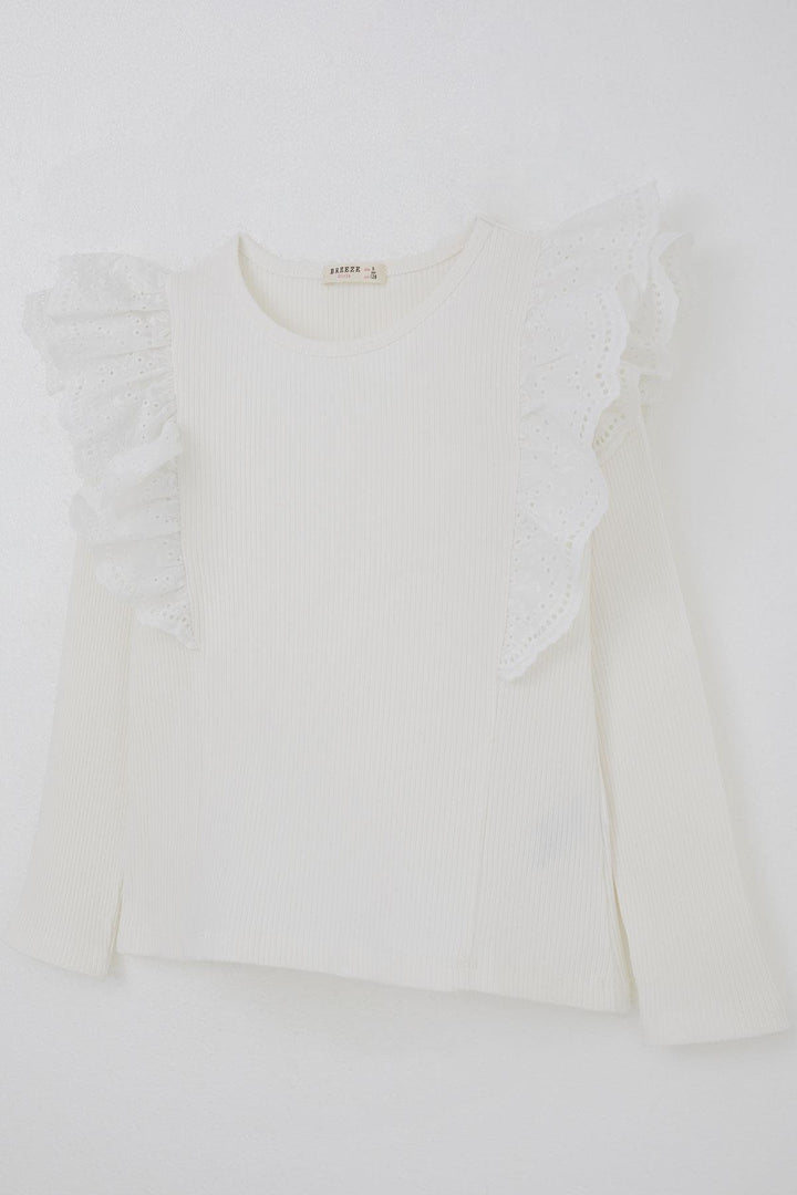 BRE Breeze Girl Child Long Sleeve T-Shirt with Lace Detailed Shoulder Flower Embroidery, 82 Years, Ecru - El Paso